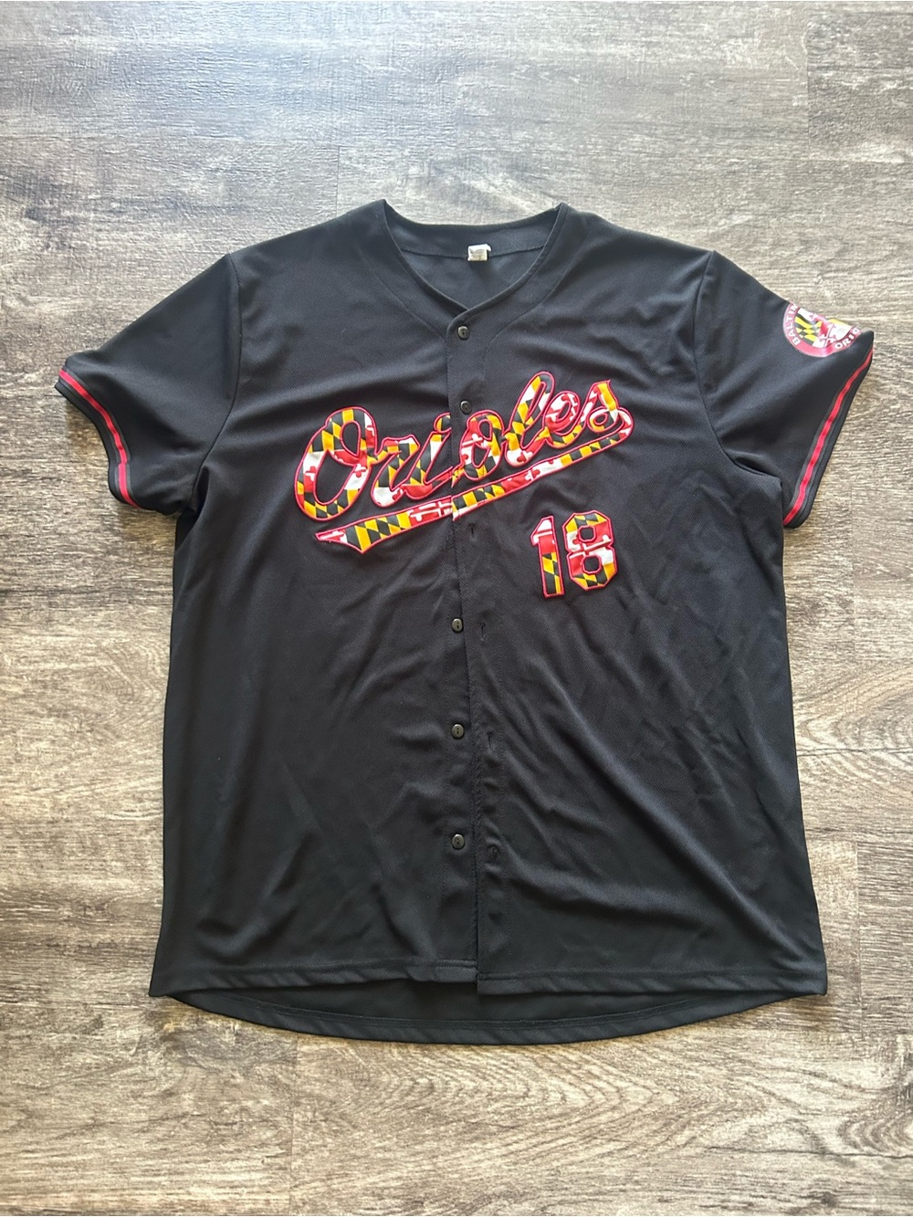 Black Orioles Script Button-Front Jersey with Maryland Flag Accents
